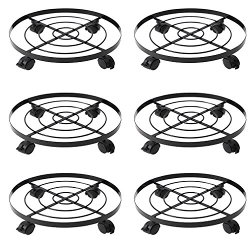 Hershii Metallanlage Stand auf Rädern Heavy Duty Blumentopf Display Caddy Rolling Storage Halter Runde Trolley Tray Palette für Indoor Outdoor Garten - Schwarz (Large-Pack 6(Plastic Wheels)) von Hershii