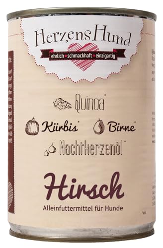 HerzensHund® (1 x 400g) | Hirsch Hundefutter mit Bio-Quinoa für ausgewachsene Hunde | glutenfrei | Super Premium Nassfutter für Erwachsene Hunde | 1er Pack von Herzens-Hund