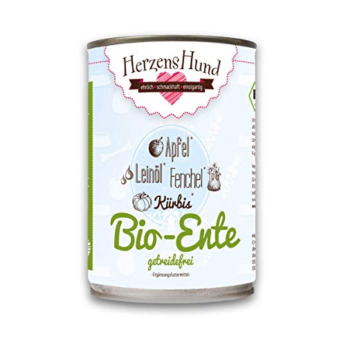 HerzensHund® (12 x 400g) | Bio-Ente Hundefutter mit Bio-Gemüse für ausgewachsene Hunde | glutenfrei | Super Premium Nassfutter für Erwachsene Hunde | 12er Pack von Herzens Hund