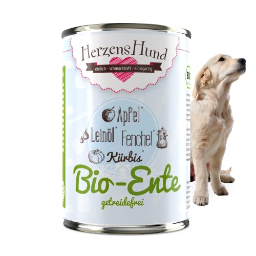 HerzensHund® (12 x 400g) | Bio-Ente Hundefutter mit Bio-Gemüse für ausgewachsene Hunde | glutenfrei | Super Premium Nassfutter für Erwachsene Hunde | 12er Pack von Herzens Hund