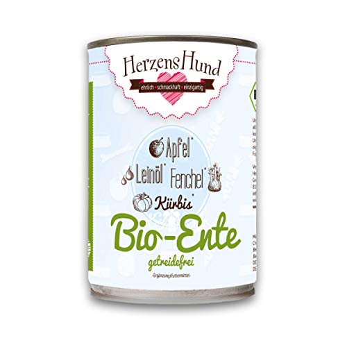 HerzensHund® (12 x 400g) | Bio-Ente Hundefutter mit Bio-Gemüse für ausgewachsene Hunde | glutenfrei | Super Premium Nassfutter für Erwachsene Hunde | 12er Pack von Herzens-Hund
