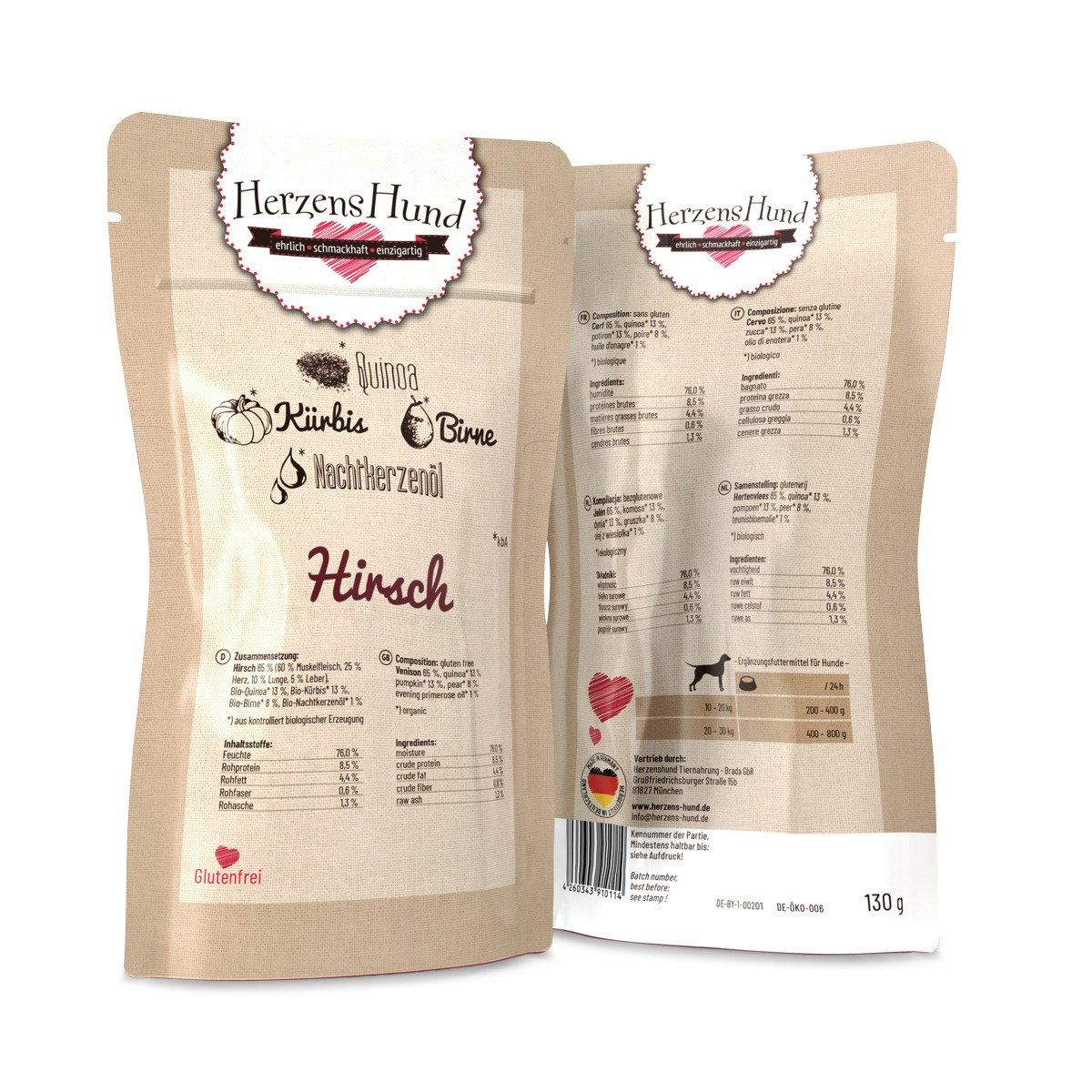 Herzenshund 130 Gramm Hundenassfutter Sparpaket 30 x 130 Gramm Hirsch mit Bio Quinoa
