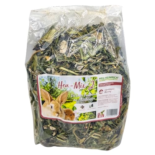 HEU-HEINRICH® 500g Heu-Mix 2 - Bunte Knabberei - Futtermischung für Kleintiere, Ergänzungsfutter für Nager - Mischung für Kaninchen und Nase, Nager Futter aus Heu, ideal zum Ergänzen des Hauptfutters von Heu-Heinrich