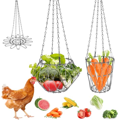 Hevtsde 2 Stück Hängende Hühner-Futterstation – Edelstahl Hühner Gemüse Hängende Futterstation mit Kette zum Aufhängen, faltbar, groß, Geflügel, Gemüse, Obst, Futterkorb für Hühner, Hühner, Ente von Hevtsde