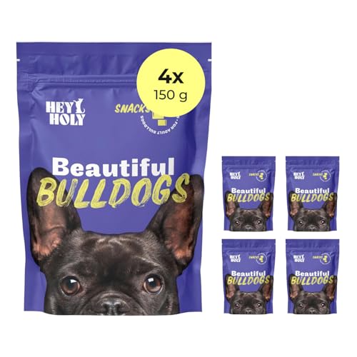 HEY HOLY Premium Hundeleckerlis für Bulldogen 100% getreidefrei | Hunde Snacks | 4 x 150 g Leckerli für ausgewachsene Bulldogen mit Lachs | Hochverträglich aus natürlichen Zutaten von HEY HOLY