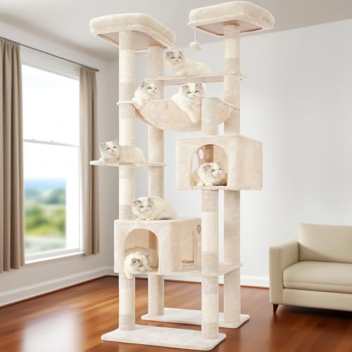 Hey-brother Hoher Katzenbaumturm, robuste Kratzbäume mit großen Plattformen, gemütliche Höhlen, große Hängematte, Spielzeugbälle, mehrstöckige Möbel für erwachsene Katzen, 203 cm, Beige MPJ039M von Hey-brother