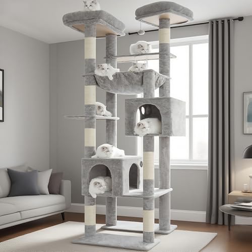 Hey-brother Hoher Kratzbaumturm, robuste Kratzbäume mit großen Plattformen, gemütliche Höhlen, große Hängematte, Spielzeugbälle, mehrstöckige Möbel für ausgewachsene Katzen, 203 cm, Hellgrau MPJ039W von Hey-brother