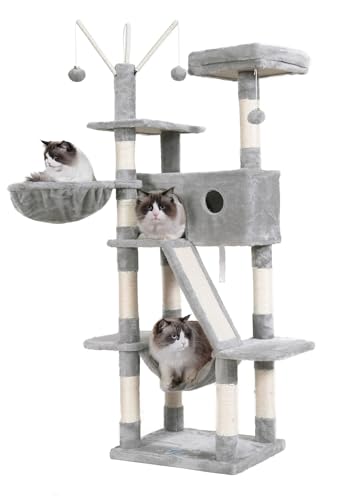 Hey-brother Katzenbaum, 155 cm Katzenturm für Indoor-Katzen, Katzenhaus mit gepolstertem Plattformbett, Spielzeugbälle, große gemütliche Wohnung, Hängematten und Sisal-Kratzstämme, Hellgrau MPJ019W Hey-brother Katzenbaum, 155 cm Katzenturm für Indoor-Katzen, Katzenhaus mit gepolstertem Plattformbett, Spielzeugbälle, große gemütliche Wohnung, Hängematten und Sisal-Kratzstämme, Hellgrau MPJ019W von Hey-brother