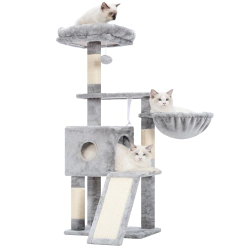 Hey-brother Kratzbaum, 108cm Indoor Katzenbaum, mehrstöckiger Katzenkratzbaum für Kätzchen, mit Kratzsäulen, Rampe, Körbchen, geräumigem Katzenloch und hängendem Pompon-Spielzeug, Hellgrau MPJ007SW Hey-brother Kratzbaum, 108cm Indoor Katzenbaum, mehrstöckiger Katzenkratzbaum für Kätzchen, mit Kratzsäulen, Rampe, Körbchen, geräumigem Katzenloch und hängendem Pompon-Spielzeug, Hellgrau MPJ007SW von Hey-brother