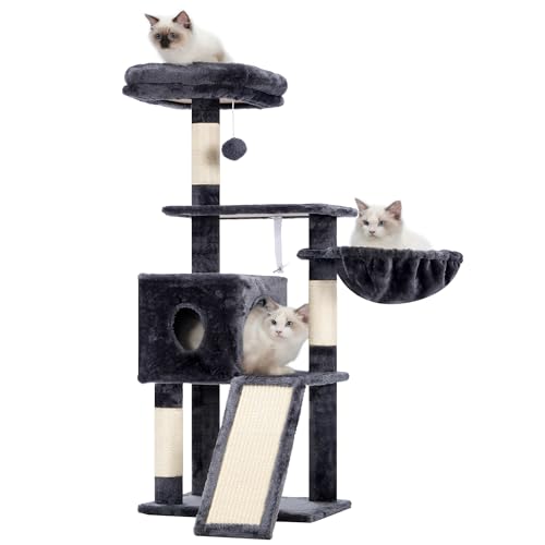Hey-brother Kratzbaum, 108cm Indoor Katzenbaum, mehrstöckiger Katzenkratzbaum für Kätzchen, mit Kratzsäulen, Rampe, Körbchen, geräumigem Katzenloch und hängendem Pompon-Spielzeug, Rauchgrau MPJ007SG Hey-brother Kratzbaum, 108cm Indoor Katzenbaum, mehrstöckiger Katzenkratzbaum für Kätzchen, mit Kratzsäulen, Rampe, Körbchen, geräumigem Katzenloch und hängendem Pompon-Spielzeug, Rauchgrau MPJ007SG von Hey-brother