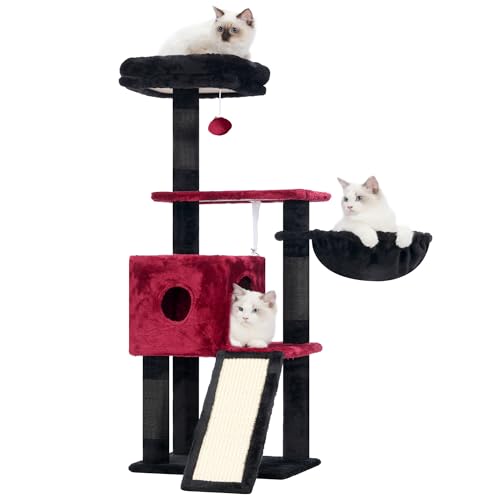 Hey-brother Kratzbaum, 108cm Indoor Katzenbaum, mehrstöckiger Katzenkratzbaum für Kätzchen, mit Kratzsäulen, Körbchen, geräumigem Katzenloch und hängendem Pompon-Spielzeug, Rötlich-schwarz MPJ007SBR Hey-brother Kratzbaum, 108cm Indoor Katzenbaum, mehrstöckiger Katzenkratzbaum für Kätzchen, mit Kratzsäulen, Körbchen, geräumigem Katzenloch und hängendem Pompon-Spielzeug, Rötlich-schwarz MPJ007SBR von Hey-brother