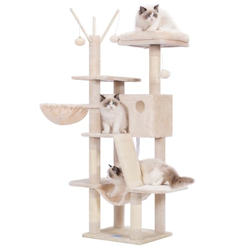 Hey-Brother Kratzbaum, 135 cm Indoor Katzenbaum, Mit gepolsterter Plattform Bett, Spielzeug Ball, Höhlen, Hängematte und Sisal Kratzbaum Katzenhaus, Beige MPJ019-SM von Hey-brother