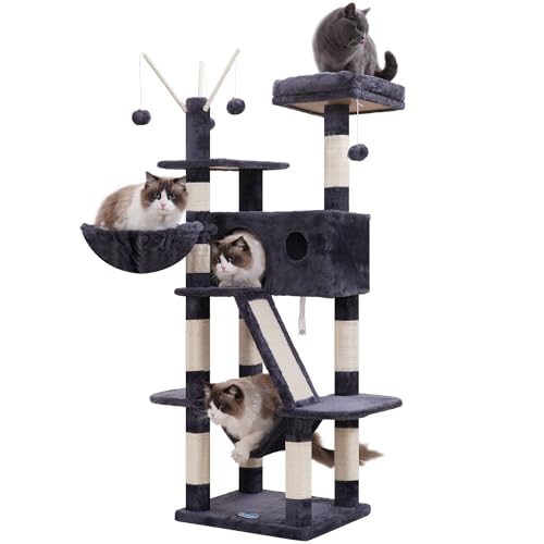 Hey-Brother Kratzbaum, 154 cm Indoor Katzenbaum, Mit gepolsterter Plattform Bett, Spielzeug Ball, Höhlen, Hängematte und Sisal Kratzbaum Katzenhaus, Rauchgrau MPJ019G von Hey-brother