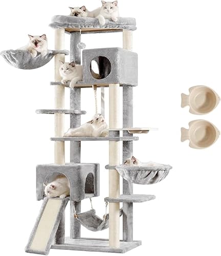 Hey-brother Kratzbaum, 180cm Indoor Katzenbaum, Mit 2 Höhlen, 2 Katzenkörben, Hängematte, Futternapf und Sisalkratzbaum mehrstöckiger Katzenkratzbaum, Hellgrau EMPJ036W von Hey-brother