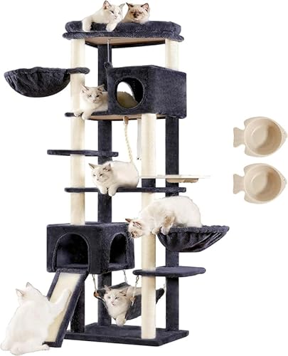 Hey-brother Kratzbaum, 180cm Indoor Katzenbaum, Mit 2 Höhlen, 2 Katzenkörben, Hängematte, Futternapf und Sisalkratzbaum mehrstöckiger Katzenkratzbaum, Rauchgrau EMPJ036G von Hey-brother