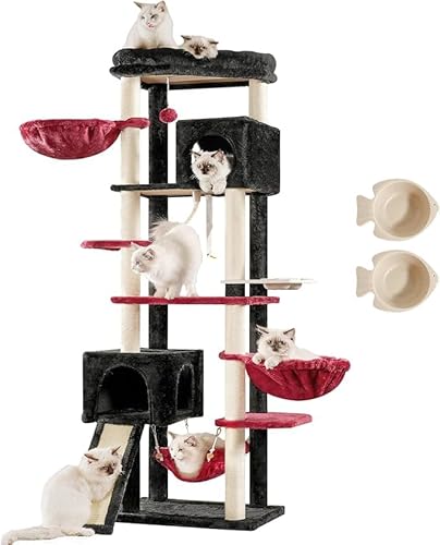 Hey-brother Kratzbaum, 180cm Indoor Katzenbaum, Mit 2 Höhlen, 2 Katzenkörben, Hängematte, Futternapf und Sisalkratzbaum mehrstöckiger Katzenkratzbaum, Rötlich-schwarz EMPJ036BR von Hey-brother