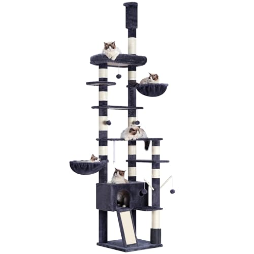 Hey-brother Kratzbaum, Höhenverstellbarer Katzenbaum 250cm-280cm, der bis zur Decke reicht, Katzenturm für große Katzen, mit Höhle, Rauchgrau 0MPJ091G von Hey-brother