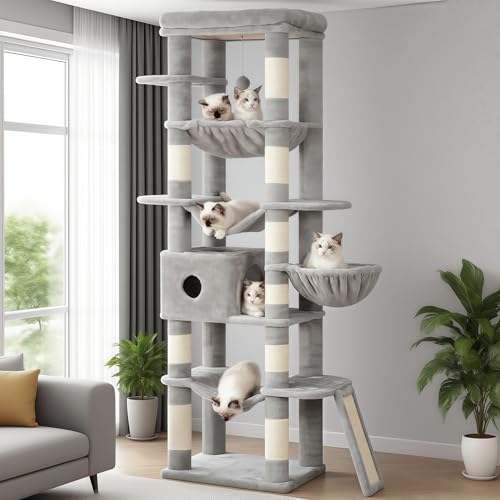 Hey-brother Kratzbaum, mehrstufiger Plüsch-Katzenturm für Indoor-Katzen mit großer Sitzstange, extra geräumige Hängematte, 2 Hängematten-Rampe, hängender Ball, Hellgrau MPJ037W Hey-brother Kratzbaum, mehrstufiger Plüsch-Katzenturm für Indoor-Katzen mit großer Sitzstange, extra geräumige Hängematte, 2 Hängematten-Rampe, hängender Ball, Hellgrau MPJ037W von Hey-brother