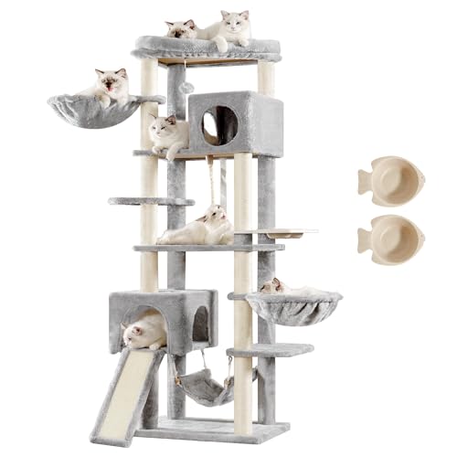 Hey-brother Kratzbaum MPJ036W, mehrstufiger Katzenbaum für große Katzen, robuster Katzenturm mit Katzenhütte, Körben, Katzenkratzbäumen, große Hängematte und Futternäpfe, Hellgrau Hey-brother Kratzbaum MPJ036W, mehrstufiger Katzenbaum für große Katzen, robuster Katzenturm mit Katzenhütte, Körben, Katzenkratzbäumen, große Hängematte und Futternäpfe, Hellgrau von Hey-brother