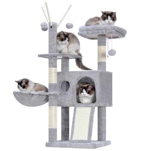 Hey-brother Kratzbaum Turm, Kratzbäume mit abnehmbarem Spielzeug, gemütliche Höhle, Plattform, Hängematte, Sisal-Kratzbrett und Ball für Indoor-Kätzchen, 104 cm, Hellgrau MPJ008SW Hey-brother Kratzbaum Turm, Kratzbäume mit abnehmbarem Spielzeug, gemütliche Höhle, Plattform, Hängematte, Sisal-Kratzbrett und Ball für Indoor-Kätzchen, 104 cm, Hellgrau MPJ008SW von Hey-brother