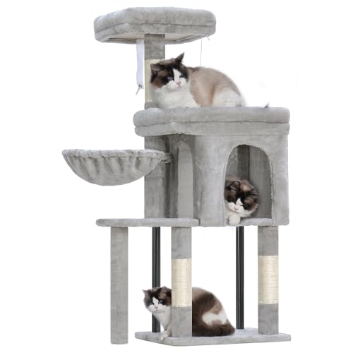 Hey-brother Kratzbaum Turm, Kratzbäume mit gemütlicher Höhle, gepolstertem Bett, Hängematte, Plüsch-Sitzstange, Sisalstamm und Ball für Indoor-Kätzchen, 112 cm, Hellgrau MPJ009SW Hey-brother Kratzbaum Turm, Kratzbäume mit gemütlicher Höhle, gepolstertem Bett, Hängematte, Plüsch-Sitzstange, Sisalstamm und Ball für Indoor-Kätzchen, 112 cm, Hellgrau MPJ009SW von Hey-brother