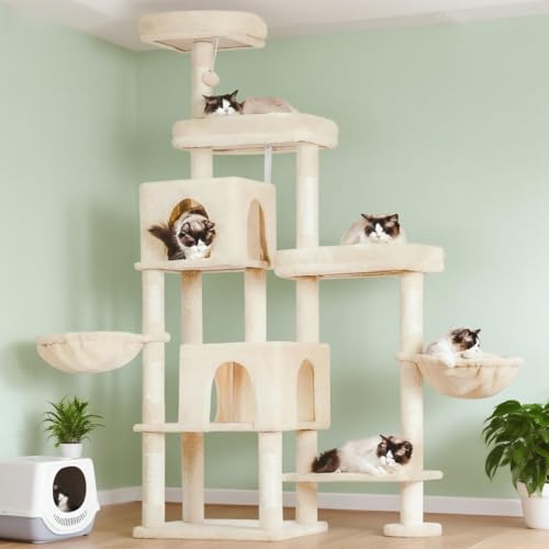 Hey-brother Kratzbaum Turm, Kratzbäume mit verlängertem Teil, breite Plattformen, gemütliche Höhlen, Hängematten, Sisalsäulen und Ball für Indoor-Katzen, 70,1 Zoll, Beige MPJ038M von Hey-brother