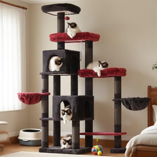 Hey-brother Kratzbaum Turm, Kratzbäume mit verlängertem Teil, breite Plattformen, gemütliche Höhlen, Hängematten, Sisalsäulen und Ball für Indoor-Katzen, 70,1 Zoll, Schwarz und Rot MPJ038BR von Hey-brother