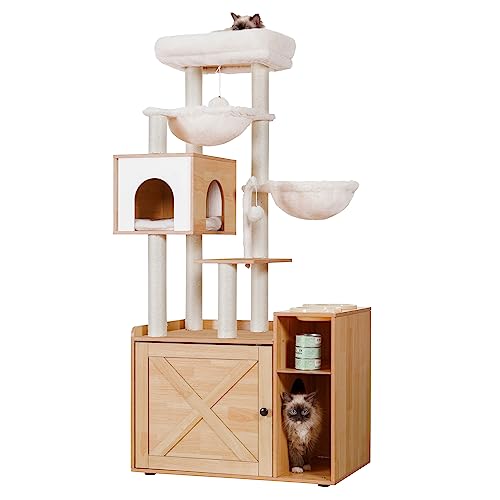 Hey-brother Kratzbaum mit Katzenklo, moderner Katzenturm für Wohnungskatzen mit großer Plattform, Futterstation und 2 Hängematten, All-in-one Katzenmöbel, Holz Nussbaum EMPJ115WB Hey-brother Kratzbaum mit Katzenklo, moderner Katzenturm für Wohnungskatzen mit großer Plattform, Futterstation und 2 Hängematten, All-in-one Katzenmöbel, Holz Nussbaum EMPJ115WB von Hey-brother