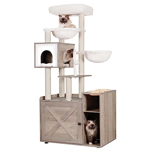 Hey-brother Kratzbaum mit Katzenklo, moderner Katzenturm für Wohnungskatzen mit großer Plattform, Futterstation und 2 Hängematten, All-in-one Katzenmöbel, Holz Rustikales Grau EMPJ115SG Hey-brother Kratzbaum mit Katzenklo, moderner Katzenturm für Wohnungskatzen mit großer Plattform, Futterstation und 2 Hängematten, All-in-one Katzenmöbel, Holz Rustikales Grau EMPJ115SG von Hey-brother
