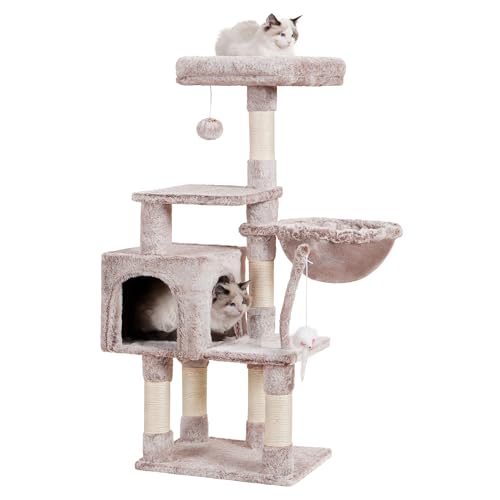 Hey-brother Kratzbaum, 111 cm Katzenbaum mit Spielzeug, Katzenkratzbaum mit Plattform, Hängematte und Sisal-Kratzstämmen, Beigebraun EMPJ004SMU-N Hey-brother Kratzbaum, 111 cm Katzenbaum mit Spielzeug, Katzenkratzbaum mit Plattform, Hängematte und Sisal-Kratzstämmen, Beigebraun EMPJ004SMU-N von Hey-brother