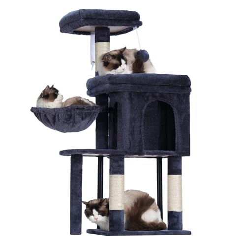 Hey-brother Kratzbaum mit gemütlicher Höhle, gepolstertes Bett, Hängematte, Plüsch-Sitzstange, Sisalstamm und Ball für Indoor-Kätzchen, 112 cm, Rauchgrau MPJ009SG von Hey-brother