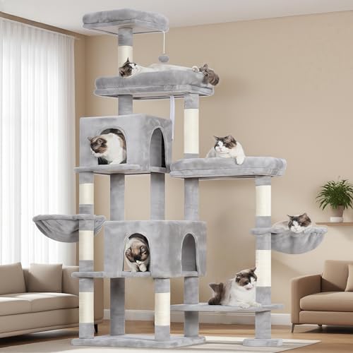 Hey-brother Kratzbaum mit verlängertem Teil, breite Plattformen, gemütliche Höhlen, Hängematten, Sisalsäulen und Ball für Indoor-Katzen, 178 cm, Hellgrau MPJ038W von Hey-brother