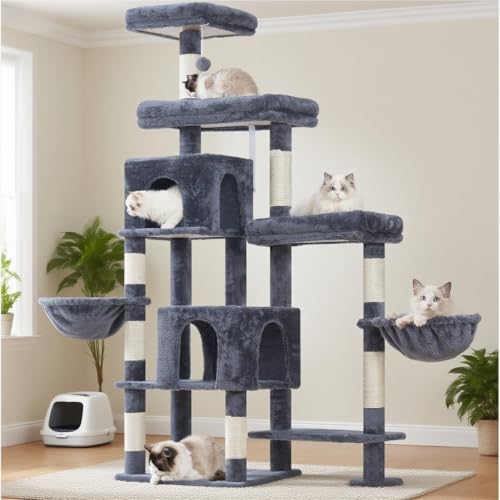 Hey-brother Kratzbaum mit verlängertem Teil, breite Plattformen, gemütliche Höhlen, Hängematten, Sisalsäulen und Ball für Indoor-Katzen, 178 cm, Rauchgrau MPJ038G von Hey-brother
