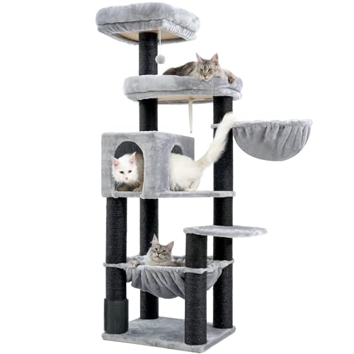 Hey-brother XXL Grosse Kratzbaum für Maine Katze, 168cm Katzenbaum für groß Katzen, mit übergroßer Hängematte, Sisalpfosten (φ11cm) und Kämmer, 2 Plattformen, Höhle, Korb, Hellgrau EMPJ01W von Hey-brother