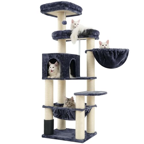 Hey-brother XXL Grosse Kratzbaum für Maine Katze, 168cm Katzenbaum für groß Katzen, mit übergroßer Hängematte, Sisalpfosten (φ11cm) und Kämmer, 2 Plattformen, Höhle, Korb, Rauchgrau EMPJ01G von Hey-brother