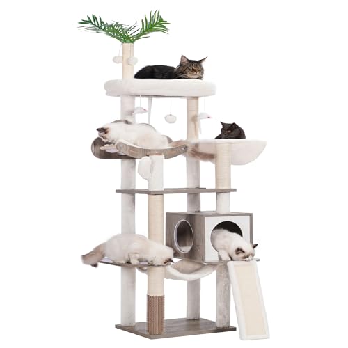Hebly HCT120SG Kratzbaum aus Holz für Indoor-Katzen, Katzenhöhle für große Katzen mit Selbstpflege, moderner Kratzturm mit Korb, Hängematte, baumelnder Ball und Blättern, rustikales Grau von Heybly