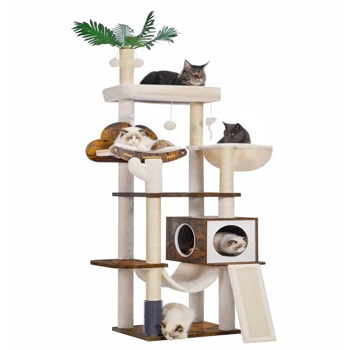 Hebly HCT120SR Kratzbaum aus Holz für Indoor-Katzen, Katzenhütte für große Katzen mit Selbstpflege, moderner Kratzturm mit Korb, Hängematte, baumelnder Ball und Blättern, rustikales Braun von Heybly