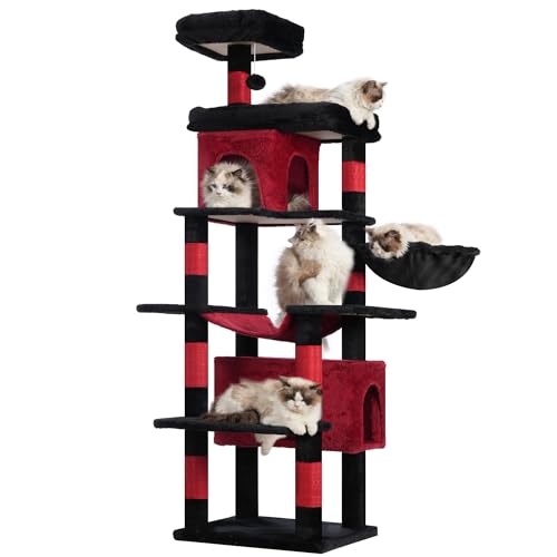Heybly Gothic Kratzbaum, 178 cm hoch, kratzsäule für Indoor Katzen, Mehrstöckiger Katzenkratzbaum mit 8 Kratzsäulen, 2 Höhlen, 2 Plattformen, Hängematte, Korb, Plüschbälle, Schwarz + Rot HCT036BR Heybly Gothic Kratzbaum, 178 cm hoch, kratzsäule für Indoor Katzen, Mehrstöckiger Katzenkratzbaum mit 8 Kratzsäulen, 2 Höhlen, 2 Plattformen, Hängematte, Korb, Plüschbälle, Schwarz + Rot HCT036BR von Heybly