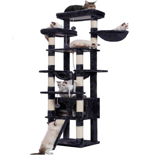 Heybly HCT033G Kratzbaum, hoher Katzenbaum mit mehreren Ebenen, 2 verbreiterte Plüsch-Sitzstangen, Katzenhaus mit Kratzbrett und großen Höhlen, Rauchgrau Heybly HCT033G Kratzbaum, hoher Katzenbaum mit mehreren Ebenen, 2 verbreiterte Plüsch-Sitzstangen, Katzenhaus mit Kratzbrett und großen Höhlen, Rauchgrau von Heybly