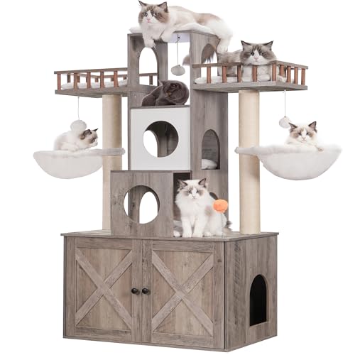 Heybly HCT110SG Kratzbaum mit Katzentoilette für den Innenbereich, Katzenturm für große Katzen, 9 kg, strapazierfähig, modernes Katzenhaus mit Kratzbäumen, rustikales Grau Heybly HCT110SG Kratzbaum mit Katzentoilette für den Innenbereich, Katzenturm für große Katzen, 9 kg, strapazierfähig, modernes Katzenhaus mit Kratzbäumen, rustikales Grau von Heybly