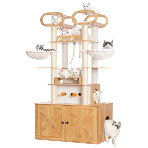 Heybly HCT111WB Kratzbaum mit Katzentoilette, 195,1 cm großer Holz-Katzenturm mit Futterstation, extra große Plattformen, moderne Großkatzen-Wohnung mit Kratzbaum aus Sisal, Walnuss von Heybly