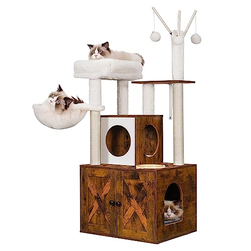 Heybly Katzenbaum, Holz-Katzentoilette, Gehäuse mit Futterstation, All-in-One-Katzenmöbel für den Innenbereich mit großer Plattform und Wohnung, moderner Stil, Hängematte, rustikales Braun HCT102SR Heybly Katzenbaum, Holz-Katzentoilette, Gehäuse mit Futterstation, All-in-One-Katzenmöbel für den Innenbereich mit großer Plattform und Wohnung, moderner Stil, Hängematte, rustikales Braun HCT102SR von Heybly