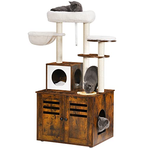 Heybly Katzenbaum, Holz-Katzentoilette, Gehäuse mit Futterstation, All-in-One-Katzenmöbel für den Innenbereich mit großer Plattform und Wohnung, moderner Stil, Hängematte, rustikales Braun HCT100SR von Heybly