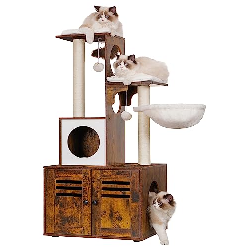 Heybly Katzenbaum Holz Katzentoilette Gehege mit Futterstation All-in-One Indoor Katzenmöbel mit großer Plattform und Höhle Modern Style Katzenturm Hängematte Rustikales Braun HCT103SR Heybly Katzenbaum Holz Katzentoilette Gehege mit Futterstation All-in-One Indoor Katzenmöbel mit großer Plattform und Höhle Modern Style Katzenturm Hängematte Rustikales Braun HCT103SR von Heybly