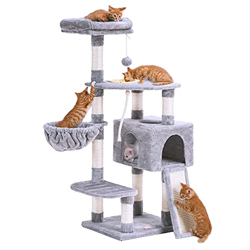 Heybly Katzenbaum, Katzenturm für Indoor-Katzen mit Kratzbrett, mehrstufige Katzenmöbel Condo mit Futternapf, Hellgrau HCT010W von Heybly