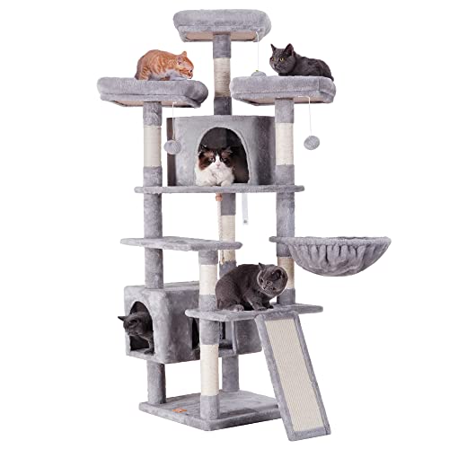 Heybly Katzenbaum, großer Katzenturm für Wohnungskatzen, mehrstufiges Katzenmöbel für Katzen mit 3 gepolsterten Plüschsitzstangen, gemütlichem Korb und Kratzbrett HCT024W von Heybly