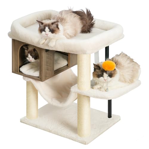 Heybly Katzenbaum für Indoor-Katzen, moderner Katzenturm mit 3 Kratzstämmen, Katzenhöhle aus Holz, Sitzstange, Hängematte, verspielter Spielzeugball, rustikales Grau HCT017SG Heybly Katzenbaum für Indoor-Katzen, moderner Katzenturm mit 3 Kratzstämmen, Katzenhöhle aus Holz, Sitzstange, Hängematte, verspielter Spielzeugball, rustikales Grau HCT017SG von Heybly