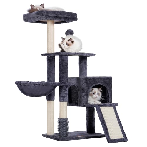 Heybly Katzenbaum mit Katzen-Bürste, Katzenturm für Indoor-Katzen mit gepolsterter Plüschstange, Futternapf, Katzenhaus mit Korb, Kratzbrett, rauchgrau HCT005S von Heybly