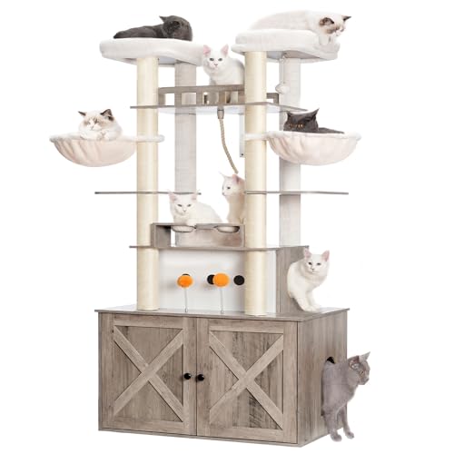 Heybly Katzenbaum mit Katzentoilettengehege und großer Plattform, All-in-One-Katzenhaus mit Futternäpfen, Katzenturm mit Kratzstämmen, Körben, Sitzstangen und Höhle für große Katzen, rustikales Grau Heybly Katzenbaum mit Katzentoilettengehege und großer Plattform, All-in-One-Katzenhaus mit Futternäpfen, Katzenturm mit Kratzstämmen, Körben, Sitzstangen und Höhle für große Katzen, rustikales Grau von Heybly
