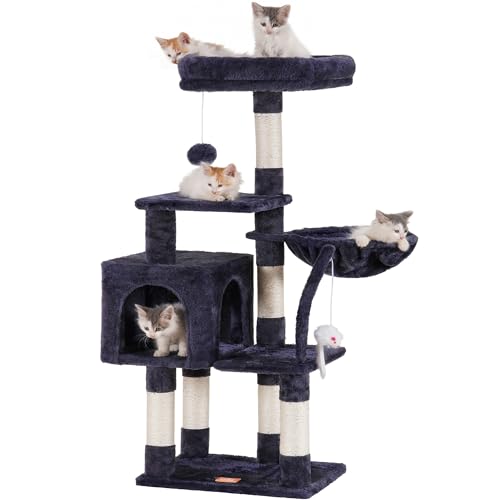 Heybly Kratzbaum mit Spielzeug, Katzenturm für Indoor-Katzen, Katzenhaus mit gepolsterter Plüsch-Sitzstange, gemütlicher Hängematte und Sisal-Kratzbäumen, Rauchgrau HCT004SG Heybly Kratzbaum mit Spielzeug, Katzenturm für Indoor-Katzen, Katzenhaus mit gepolsterter Plüsch-Sitzstange, gemütlicher Hängematte und Sisal-Kratzbäumen, Rauchgrau HCT004SG von Heybly